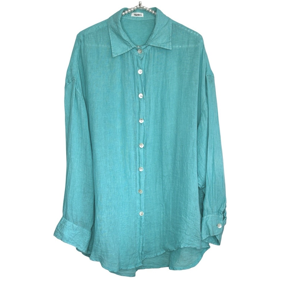 Vitamin‎ A Linen Button Shirt Med Sheer Oversize Beachy Coastal Swim Resort Blue